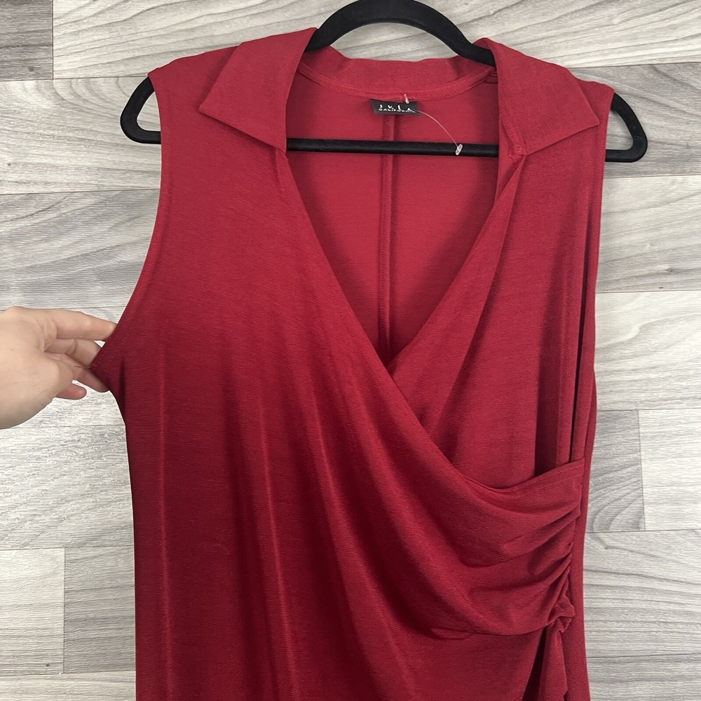 Jkla California Dress Womens M Red Stretch Faux Wrap Collard Vintage Sleeveless - Picture 5 of 11
